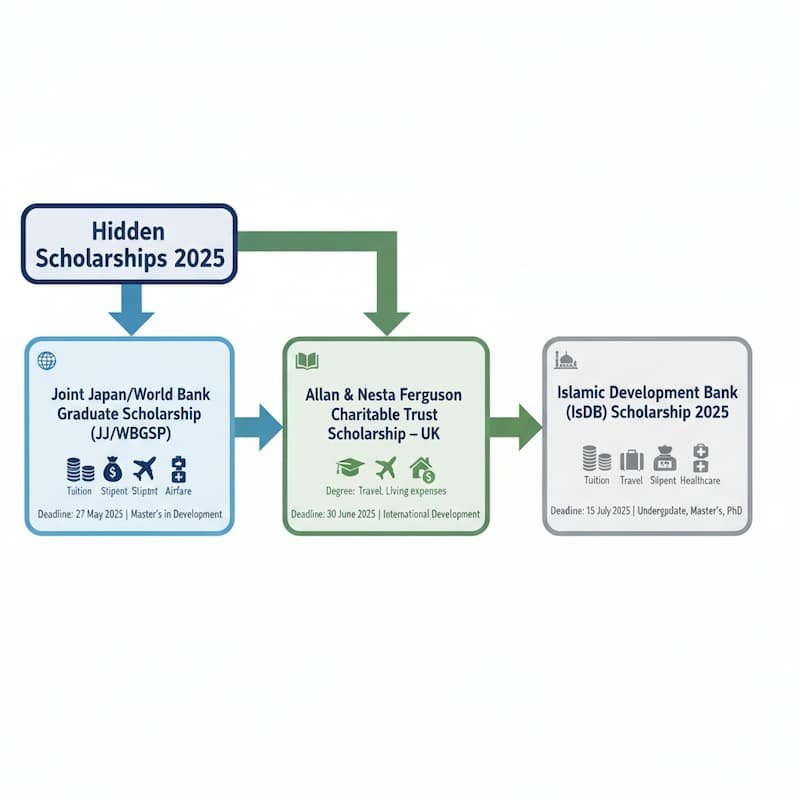 hidden scholarships in 2025: JJ/WBGSP, Allan & Nesta Ferguson Scholarship, and IsDB Scholarship, with their deadlines and coverage