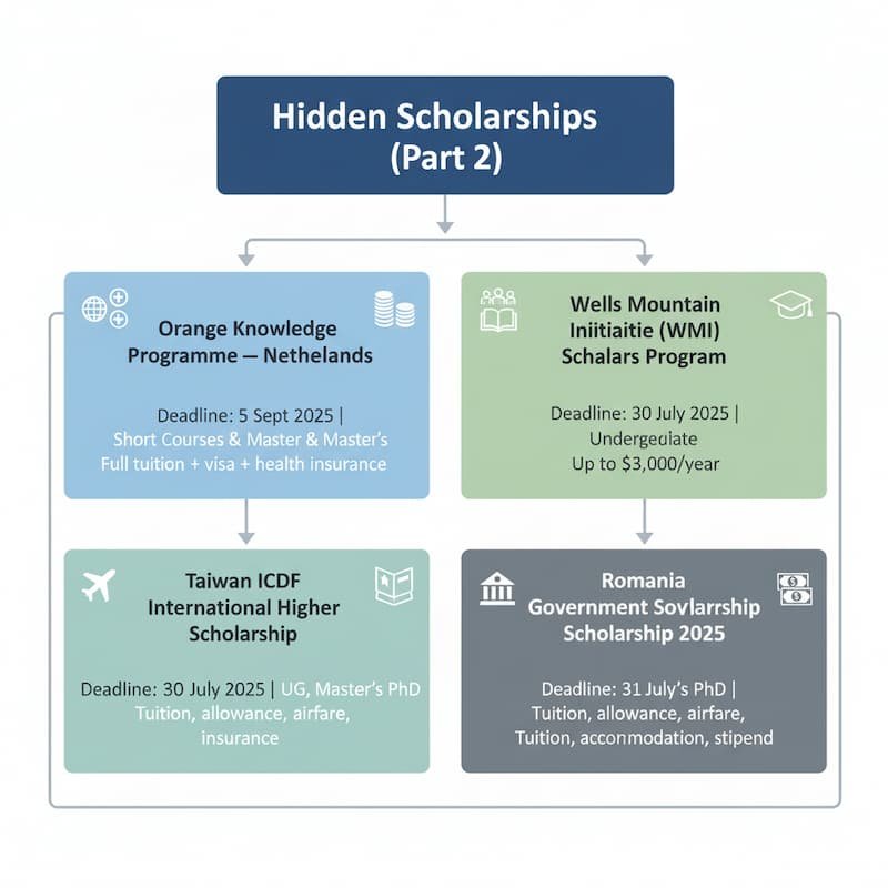 hidden scholarships in 2025: Orange Knowledge Programme, Wells Mountain Initiative, Taiwan ICDF Scholarship, and Romania Government Scholarship with deadlines and coverage