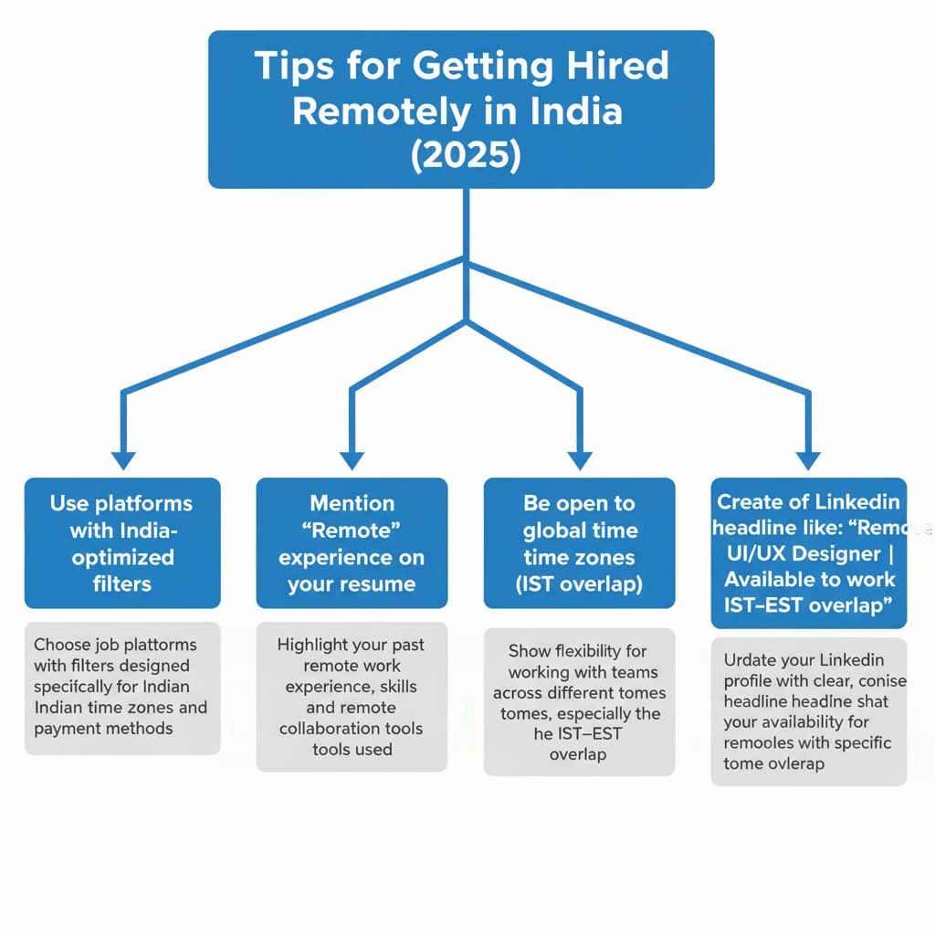 Flowchart outlining essential tips for getting hired remotely in India in 2025. The flowchart contains 4 branches, each representing a key tip: Use platforms with India-optimized filters, mention 'Remote' experience on your resume, be open to global time zones (IST overlap), and create a LinkedIn headline that highlights remote availability with IST–EST overlap. Each branch includes a short description of the tip, providing actionable advice for job seekers looking for remote opportunities