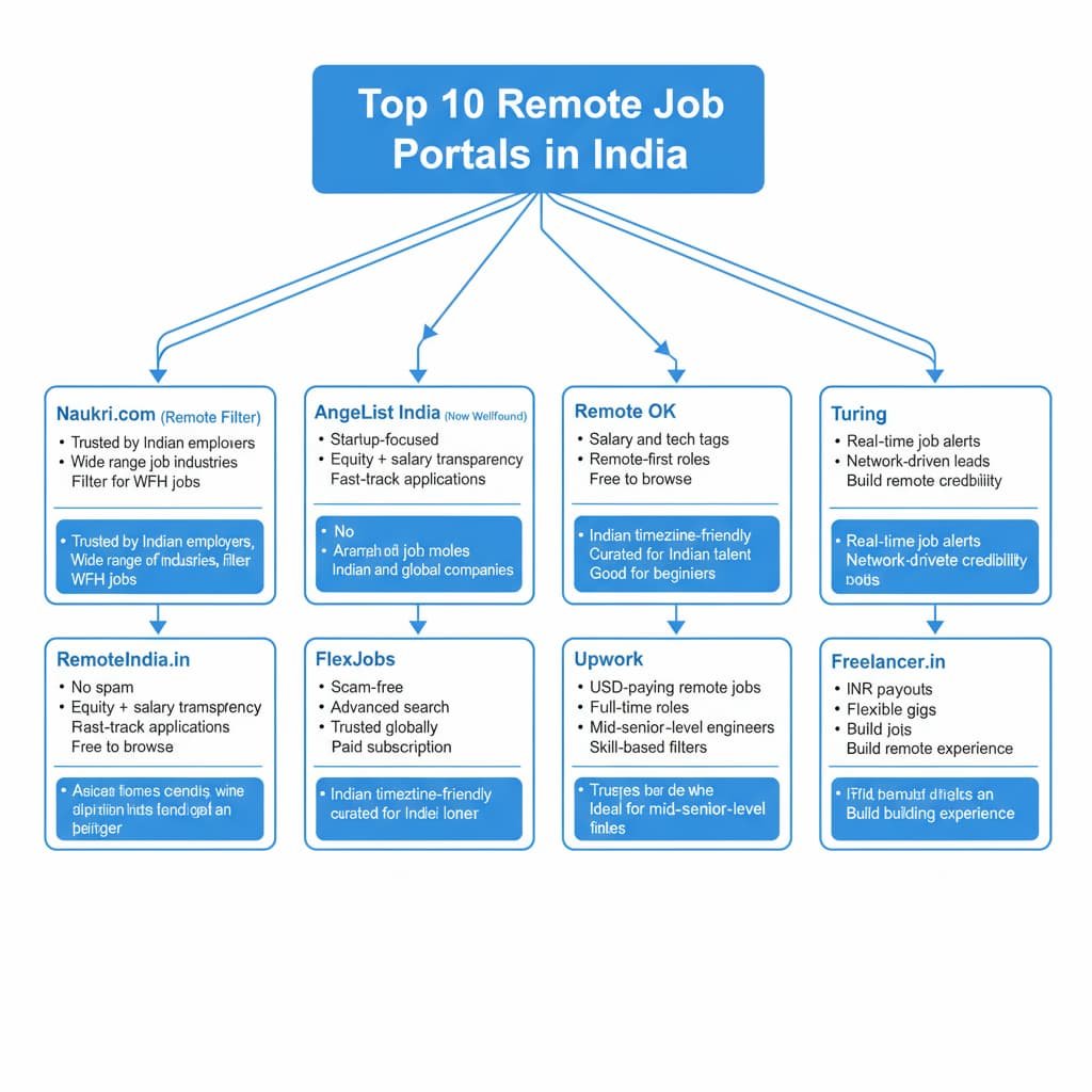 Flowchart displaying the top 10 remote job portals in India with key features for each portal. The flowchart is divided into 10 branches, each representing a different platform: Naukri.com, Instahyre, AngelList India (Wellfound), Remote OK, FlexJobs, RemoteIndia.in, Upwork, Turing, Freelancer.in, and LinkedIn. Each branch includes a brief description of the platform along with its key features like industry focus, payment methods, and remote working options