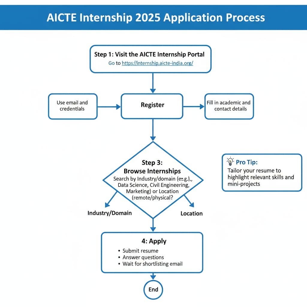 Flowchart illustrating the step-by-step process to apply for AICTE Internship 2025, including visiting the portal, registering with academic details, browsing internships based on industry/domain and location, applying with resume submission, and receiving the shortlisting email