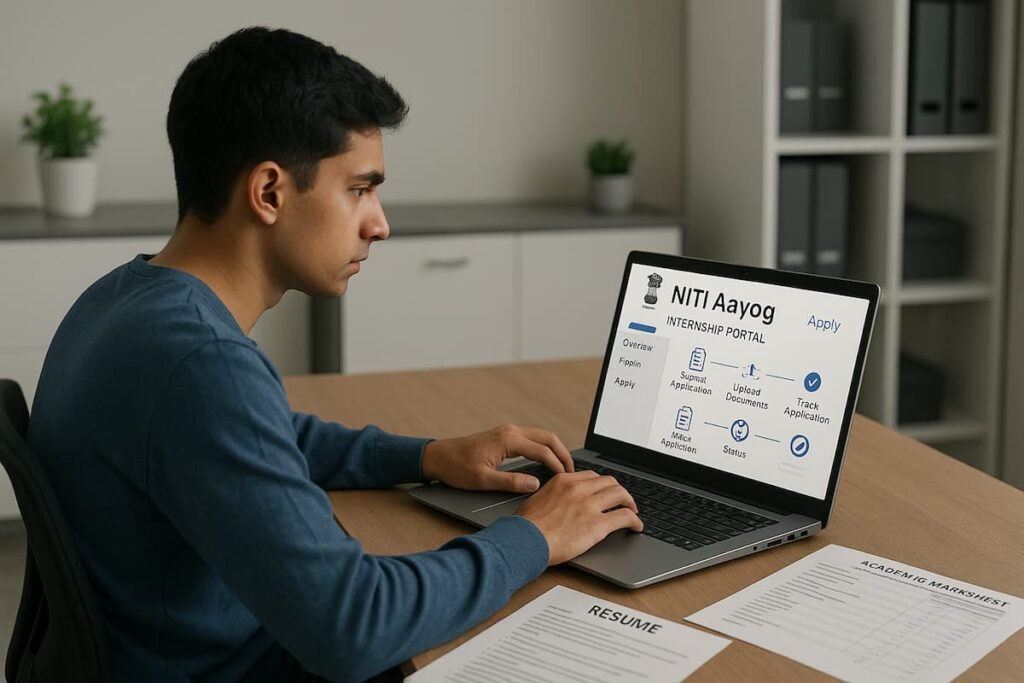 A young student applying for the NITI Aayog Internship 2025 on a laptop, with application documents such as a resume, academic marksheets, and identity proof placed on the desk. The student is focused on the screen, showing a dashboard interface with steps for application submission and tracking