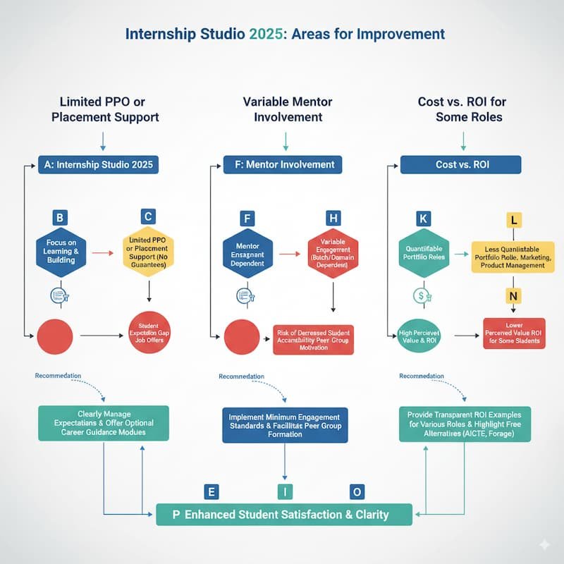 areas where Internship Studio 2025 can improve: limited placement support, variable mentor involvement, and cost vs. ROI for certain roles