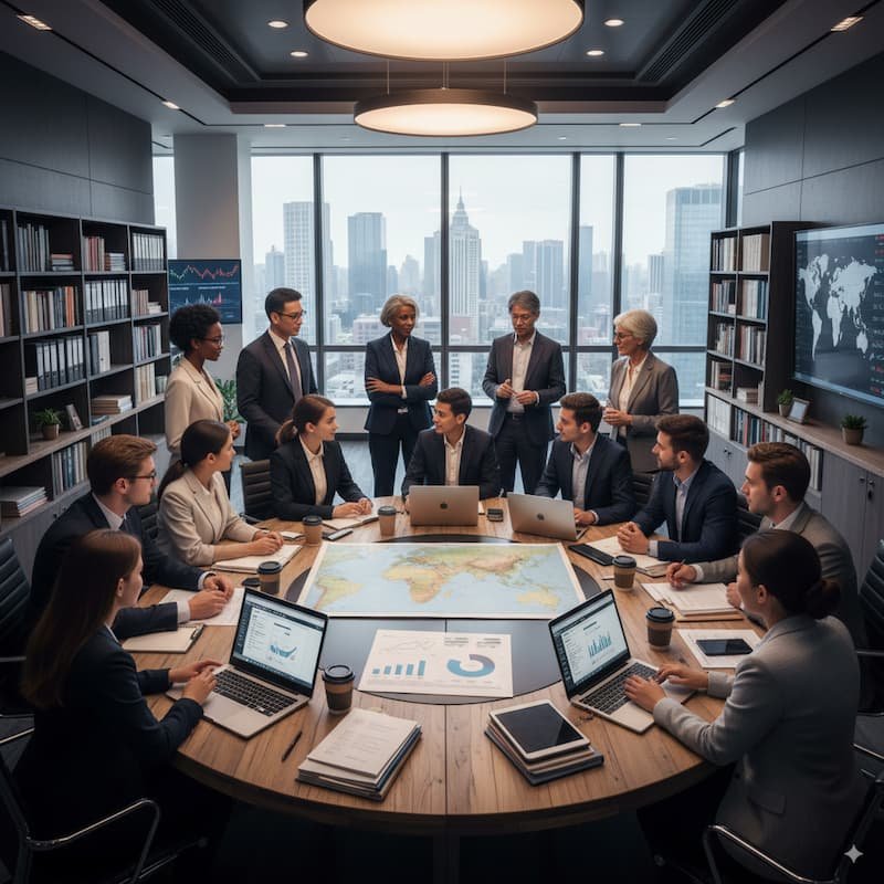 Group of young interns in a modern policy think tank setting, working with senior policymakers, economists, and technical experts. The scene showcases a collaborative discussion on economic and developmental agendas, with maps, economic charts, and digital devices present in a professional workspace