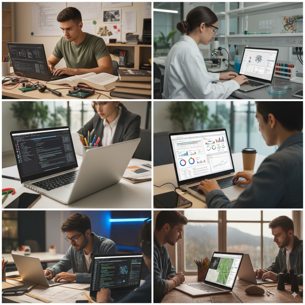 Students from various fields working on internships