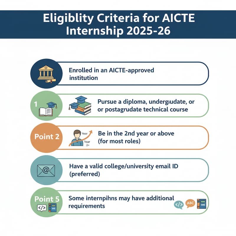 Infographic illustrating the eligibility criteria for AICTE Internship 2025-26, showing that applicants must be enrolled in an AICTE-approved institution, pursuing a technical course (diploma, undergraduate, or postgraduate), in the 2nd year or above, with a valid college email, and meeting any additional internship-specific requirements like coding or language skills