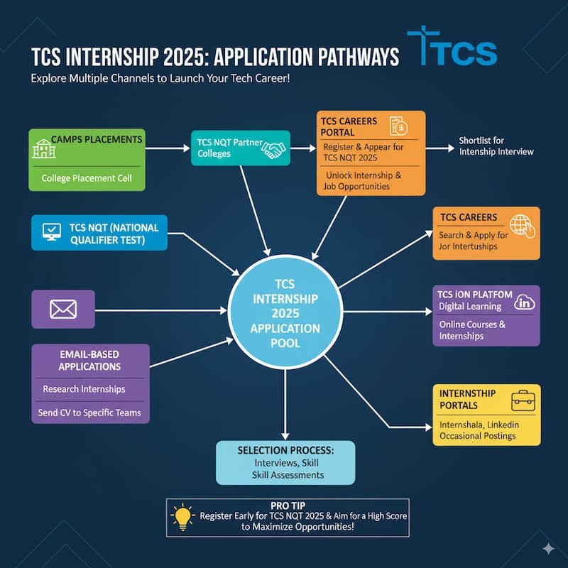 The different pathways to apply for TCS Internship 2025, including Campus Placements, TCS NQT, TCS Careers Portal, Email-Based Applications for research internships, TCS iON Platform for online training, and internship portals like Internshala or LinkedIn.