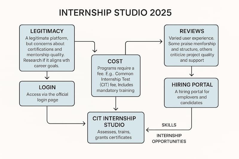 key aspects of Internship Studio 2025: legitimacy, cost (including the Common Internship Test), reviews, login process, hiring portal, and CIT internship opportunities