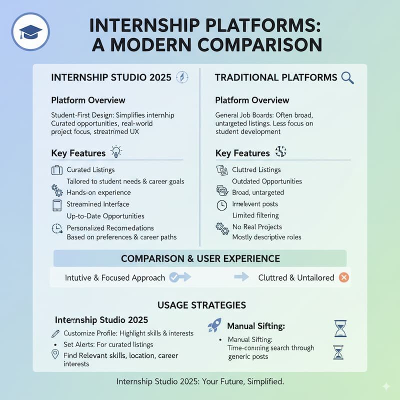 Infographic comparing Internship Studio 2025 with other internship platforms, showcasing features like curated listings, real-world project focus, and streamlined interface. It highlights the advantages of Internship Studio over competitors, offering tailored internship opportunities, personalized recommendations, and hands-on experience for students and recent graduates