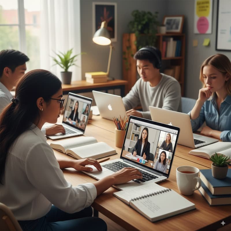 Students engaging in online learning to improve skills for internships