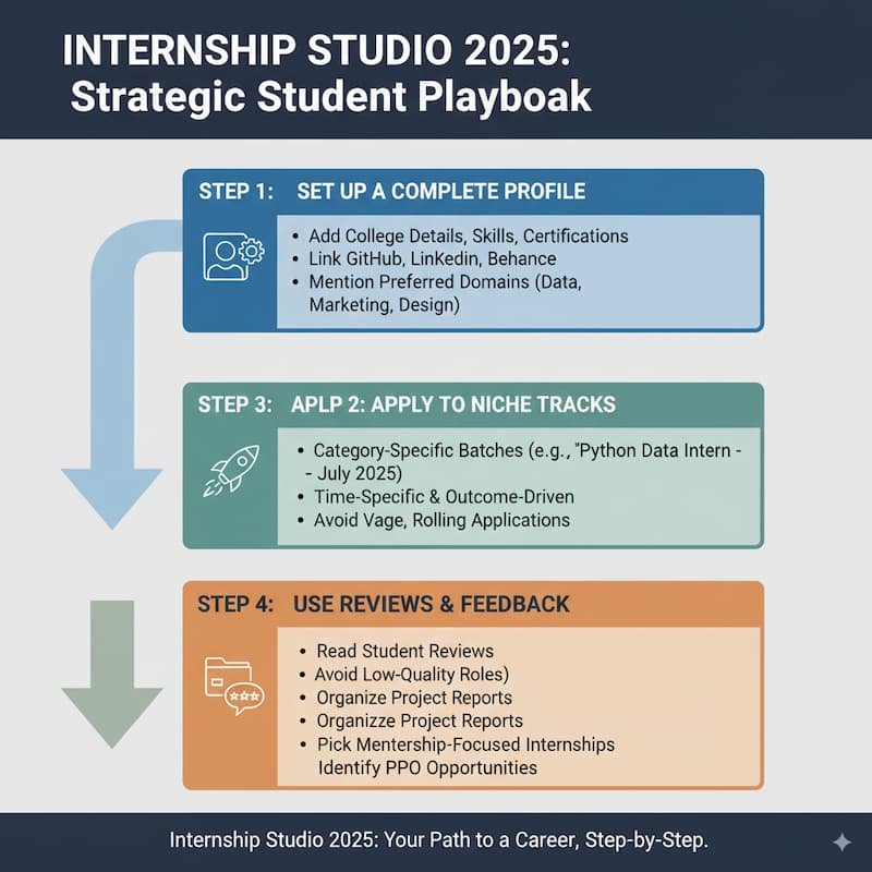 Flowchart outlining how to use Internship Studio 2025 strategically, covering steps such as setting up a complete profile, applying to niche internship tracks, building a portfolio with finished projects, and using student reviews and feedback to make informed decisions.