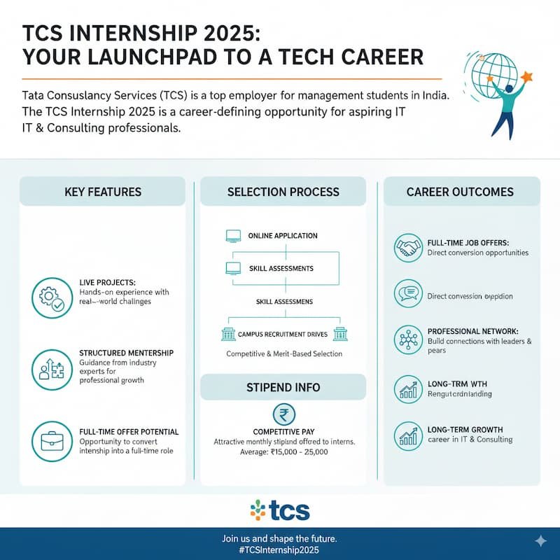 providing a complete guide to the TCS Internship 2025 program, highlighting key features like live projects, structured mentorship, stipend details, the selection process, and long-term career outcomes, including the potential for full-time job offers