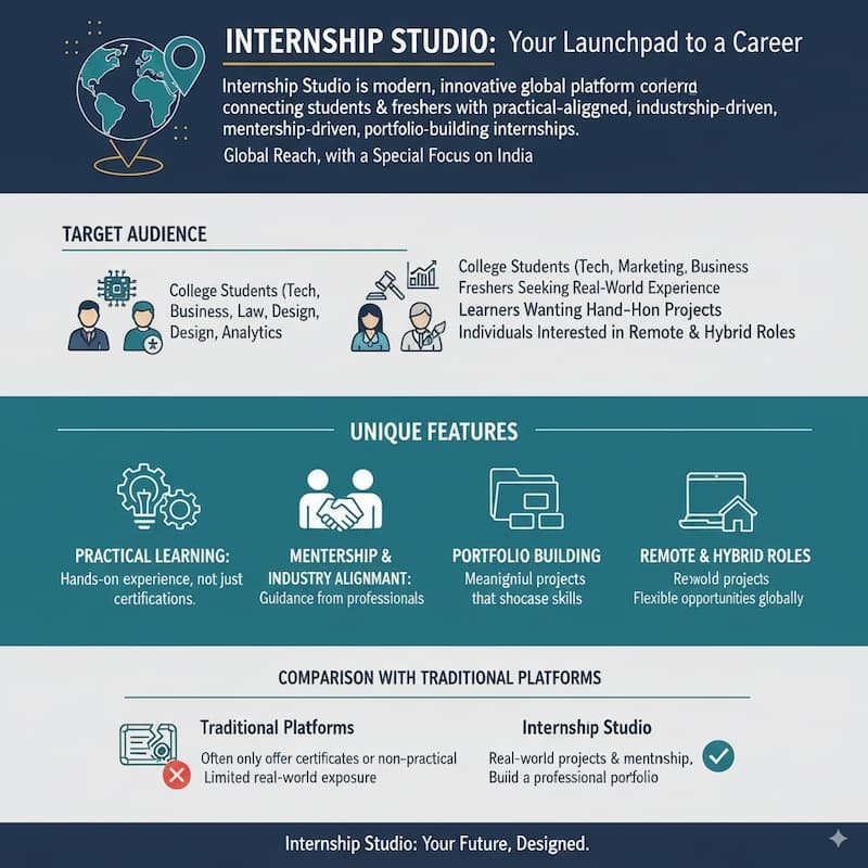 Infographic explaining what Internship Studio is, highlighting its focus on practical learning, mentorship, and portfolio-building for students across multiple fields including tech, marketing, business, law, design, and analytics. It showcases its global reach, emphasizing both remote and hybrid internships, and positions it as a standout platform for students and freshers in 2025.