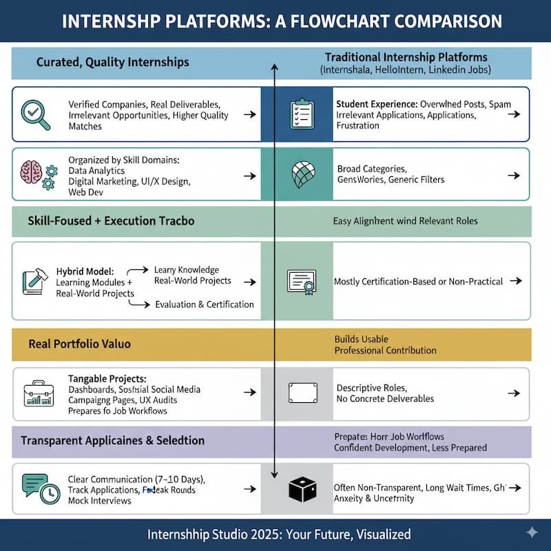Flowchart comparing the features of Internship Studio 2025 with other internship platforms like Internshala, HelloIntern, and LinkedIn Jobs. It highlights key points such as curated internships, skill-focused tracks, learning-execution model, real portfolio value, structured timelines with mentor feedback, and transparent application processes.