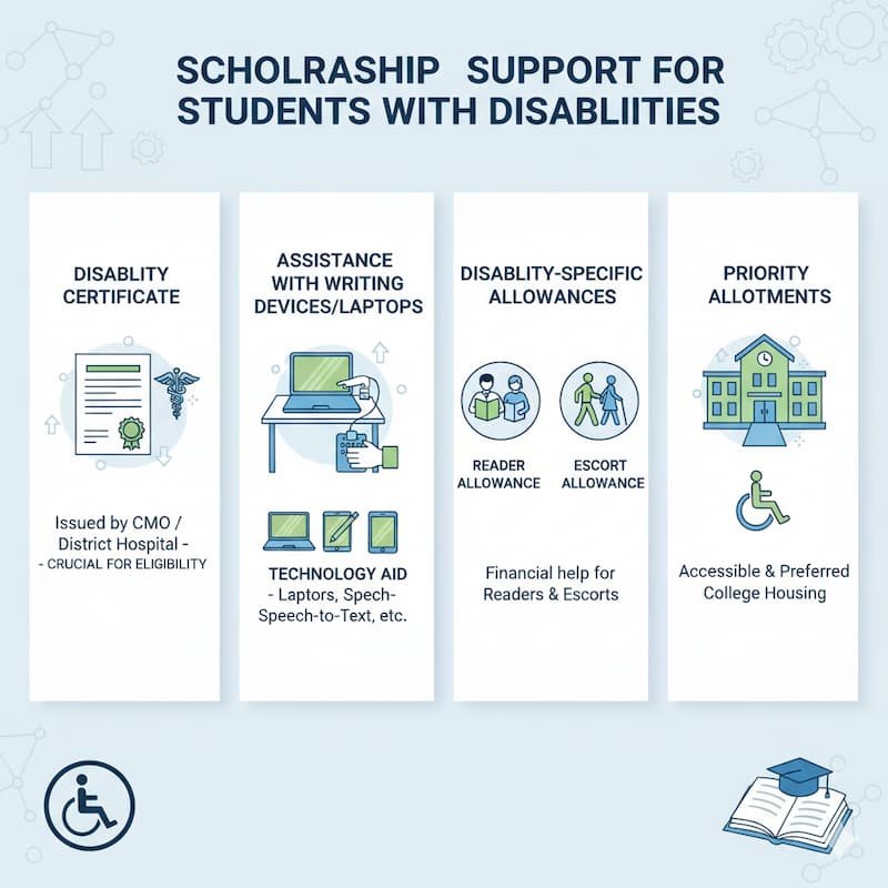 Image depicting additional support services for students with disabilities applying for scholarships, including disability certificates, writing devices, allowances, and priority hostel allotments
