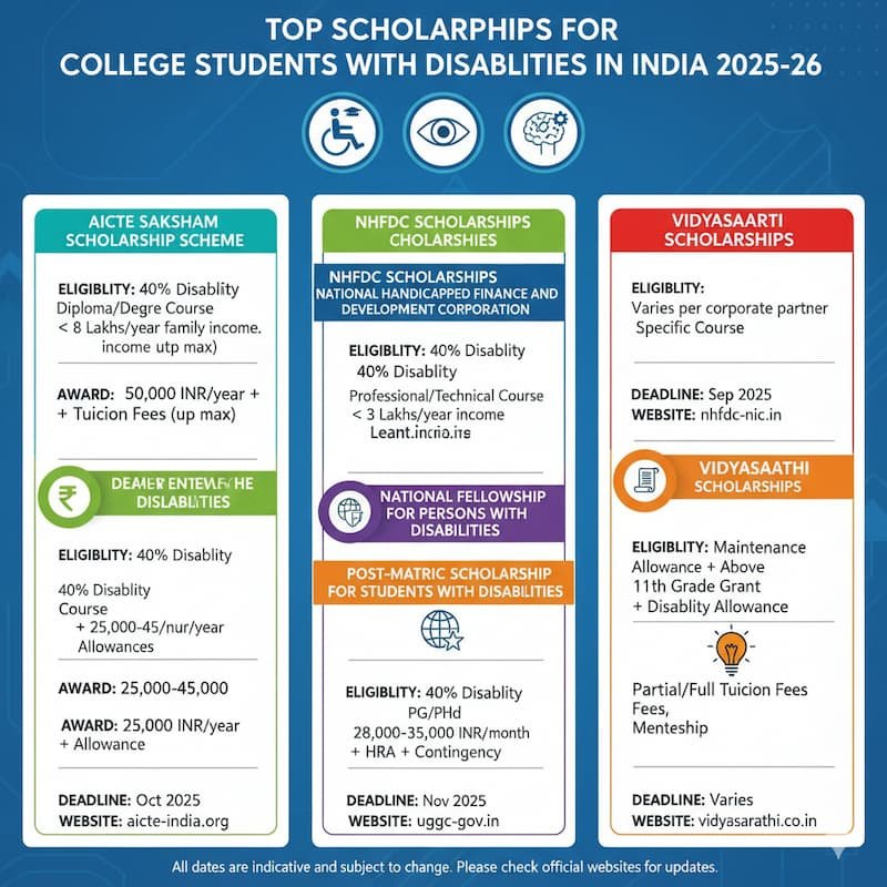 top scholarships for college students with disabilities in India for 2025-26, including eligibility, award amounts, and application links for major programs like AICTE Saksham, NHFDC, and Post-Matric scholarships