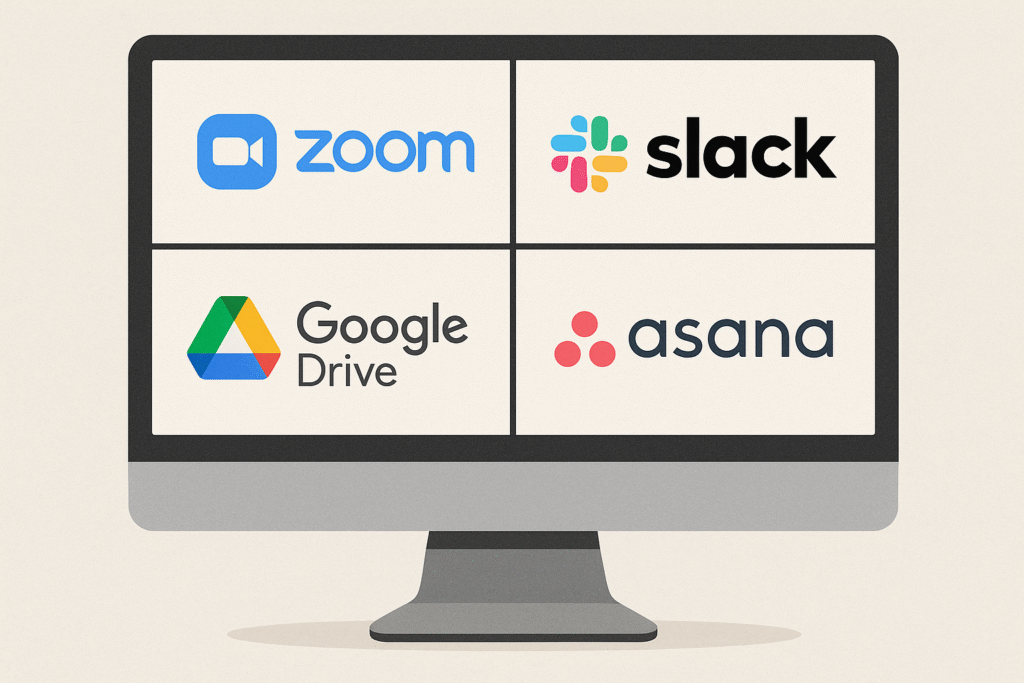 A collection of digital tools such as Zoom, Slack, and Google Drive used for remote work in India.