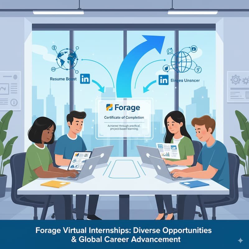 A group of students engaged in various Forage Virtual Internships, working on tasks related to finance, marketing, consulting, and engineering. A visible Forage certificate is awarded to the students, emphasizing its importance for resumes and LinkedIn profiles, with symbols of career advancement and global recognition.