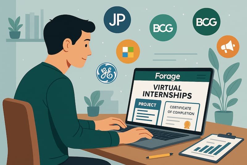 A student working on a laptop representing Forage Virtual Internships. Surrounding the student are logos of global companies in finance, technology, consulting, engineering, and marketing. The student is engaged in hands-on learning, with a visible certificate of completion displayed on the screen, showcasing the self-paced, online nature of the internship program.