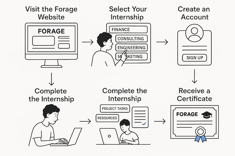 A flowchart illustrating the step-by-step process for applying to Forage Virtual Internships. It includes visiting the website, selecting an internship, creating an account, completing the internship, and receiving a certificate upon successful completion.