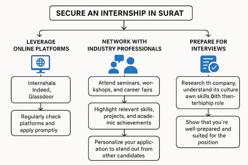 steps to secure an internship in Surat: leveraging online platforms, networking with professionals, tailoring resume and cover letter, and preparing for interviews