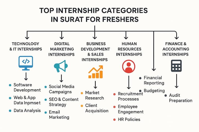 Top internship categories for freshers in Surat, including Technology & IT, Digital Marketing, Business Development & Sales, Human Resources, and Finance & Accounting, with key responsibilities for each category
