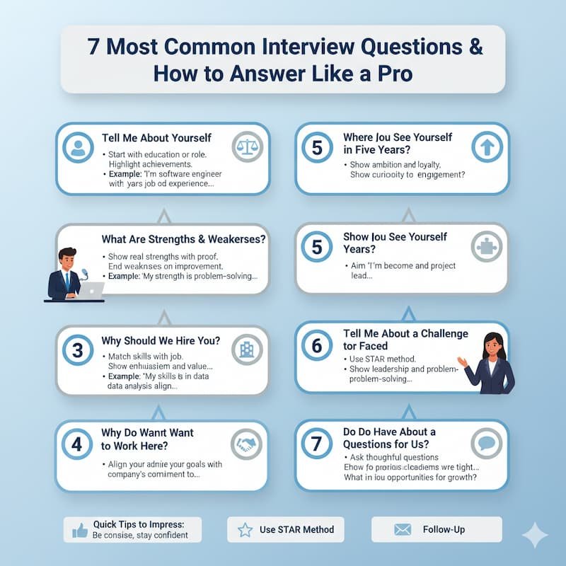 Infographic showing the 7 most common interview questions with short pro tips on how to answer each, featuring icons and examples for Indian job seekers.