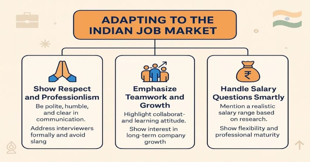Flowchart infographic showing three tips for adapting to the Indian job market — respect and professionalism, teamwork and growth, and handling salary questions wisely.