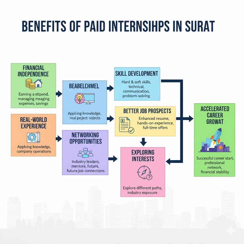 Flowchart depicting the benefits of paid internships in Surat for students, including financial independence, real-world experience, networking opportunities, skill development, better job prospects, and exploring career interests