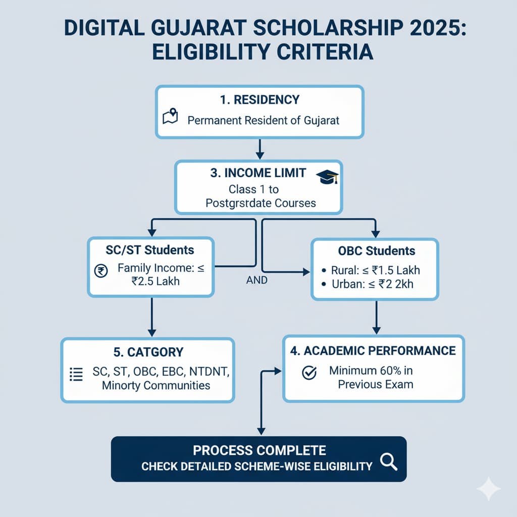 Flowchart showing the eligibility criteria for the Digital Gujarat Scholarship 2025, including residency, educational level, income limits, academic performance, and category requirements.