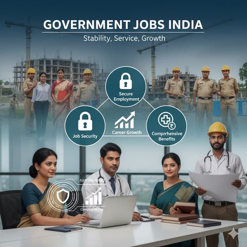 An image showcasing diverse government job opportunities in India, including administrative, technical, and fieldwork positions. The image symbolizes job security, competitive pay, and benefits in the public sector
