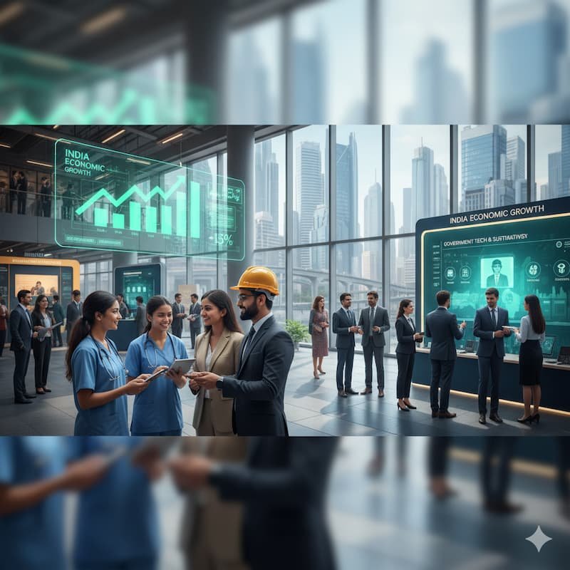 A dynamic scene representing India's job market in 2025, showcasing professionals from diverse fields like healthcare, engineering, and finance engaged in job search activities. The image symbolizes growth with charts, networking, and job opportunities in both government and private sectors.