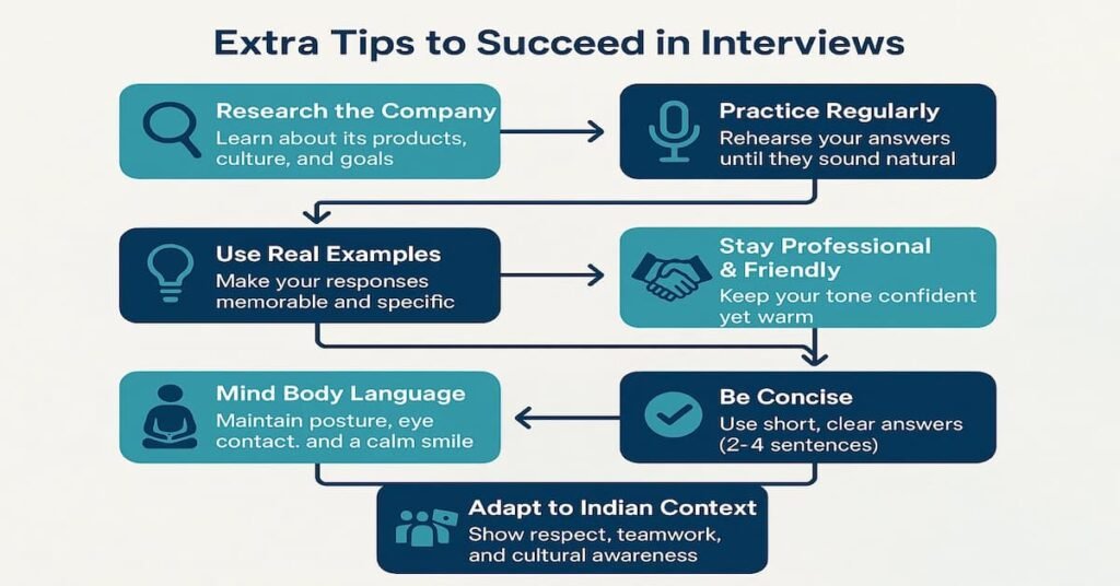 Flowchart infographic showing seven extra tips to succeed in interviews — covering research, practice, examples, professionalism, body language, concise answers, and adapting to Indian context.