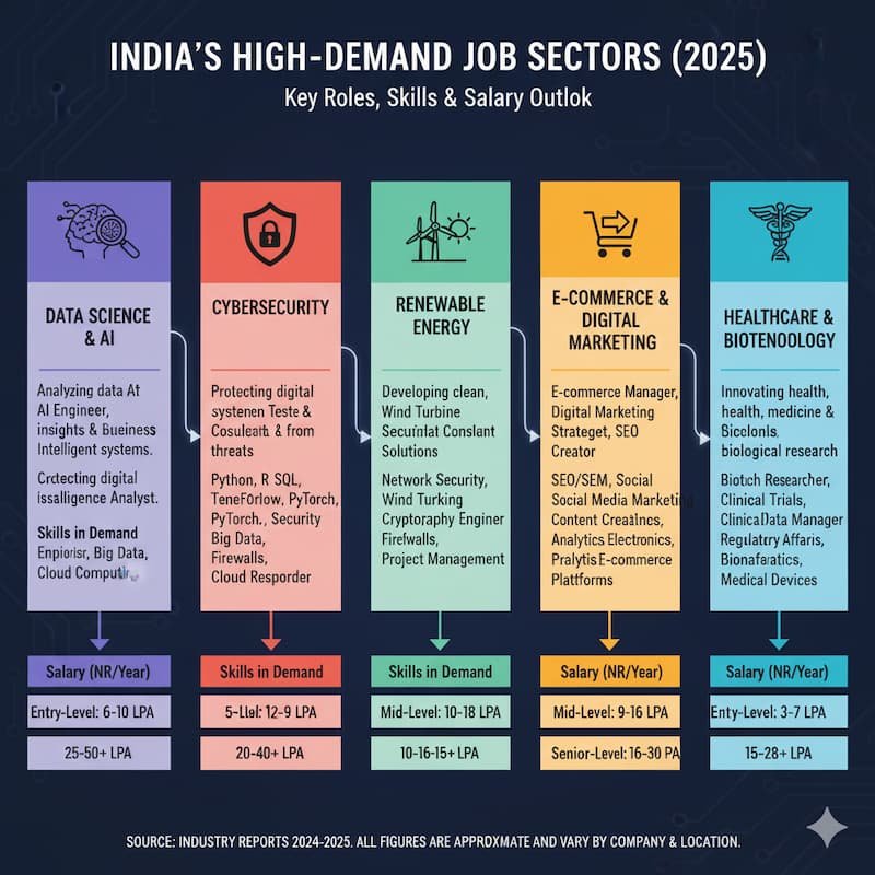 Flowchart depicting high-demand job sectors in India for 2025, including Data Science & AI, Cybersecurity, Renewable Energy, E-commerce & Digital Marketing, and Healthcare & Biotechnology. The flowchart outlines key roles, required skills, and salary expectations for each sector, with visual icons representing each field