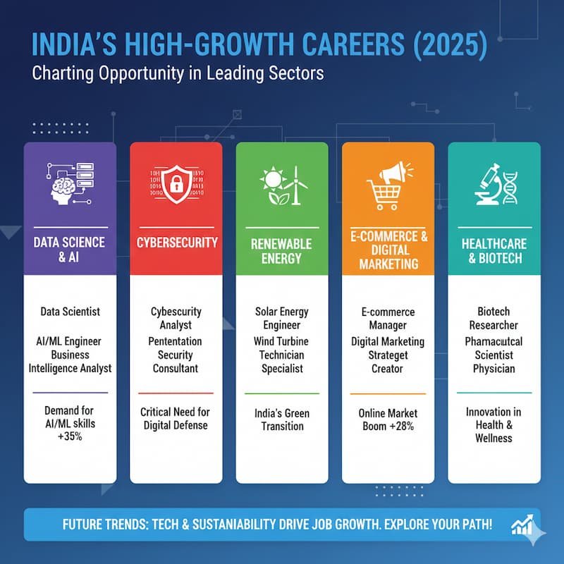 Infographic showing the top high-demand job sectors in India for 2025, including Data Science, Cybersecurity, Renewable Energy, E-commerce, and Healthcare & Biotechnology, with visual icons and job roles in each sector