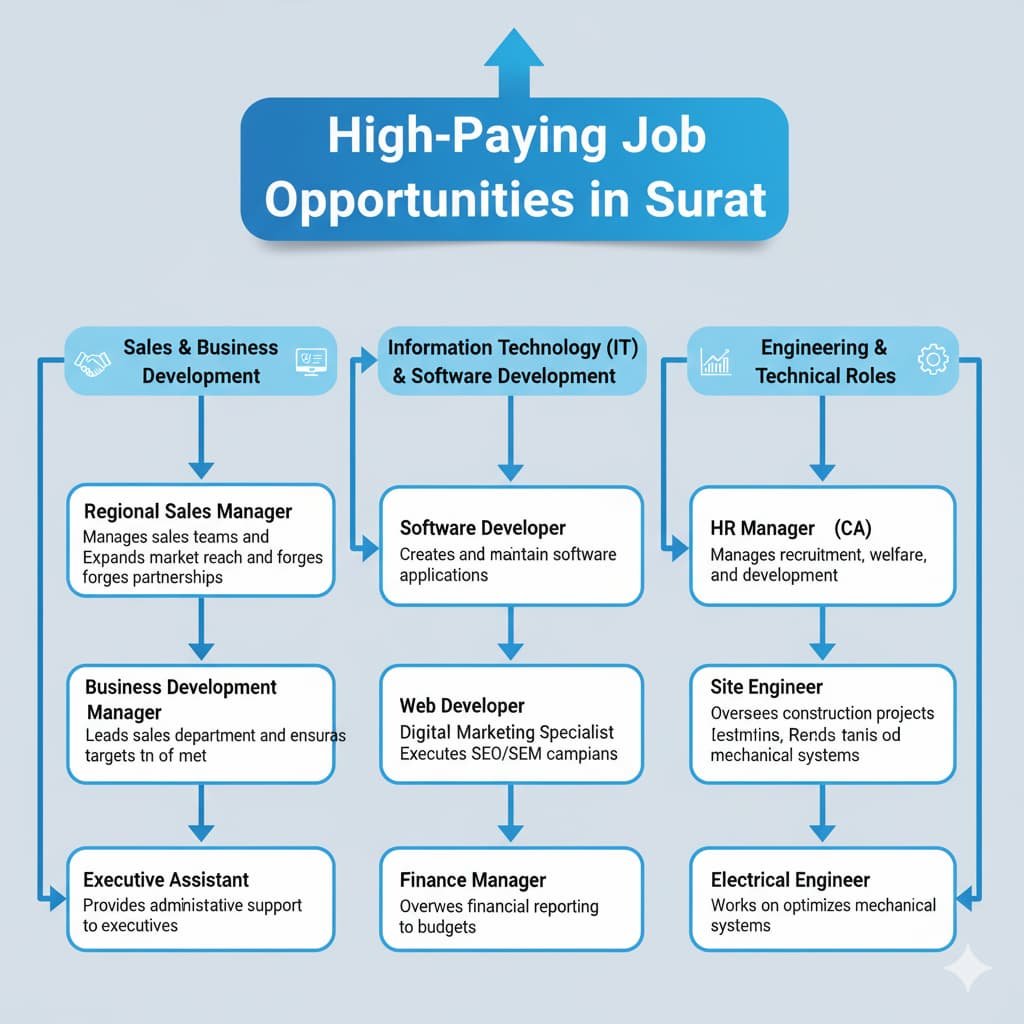 Flowchart displaying high-paying job opportunities in Surat across various sectors such as Sales, IT, HR, Finance, and Engineering, detailing key roles and responsibilities