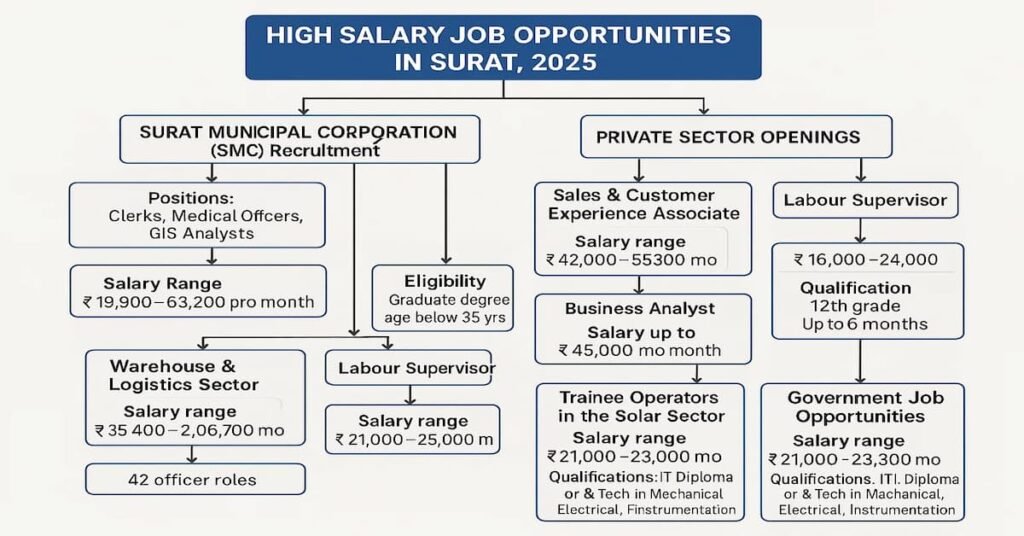 Flowchart showing high salary job opportunities in Surat for 2025, including positions in Surat Municipal Corporation, private sector openings, and government job roles with salary ranges and eligibility details.