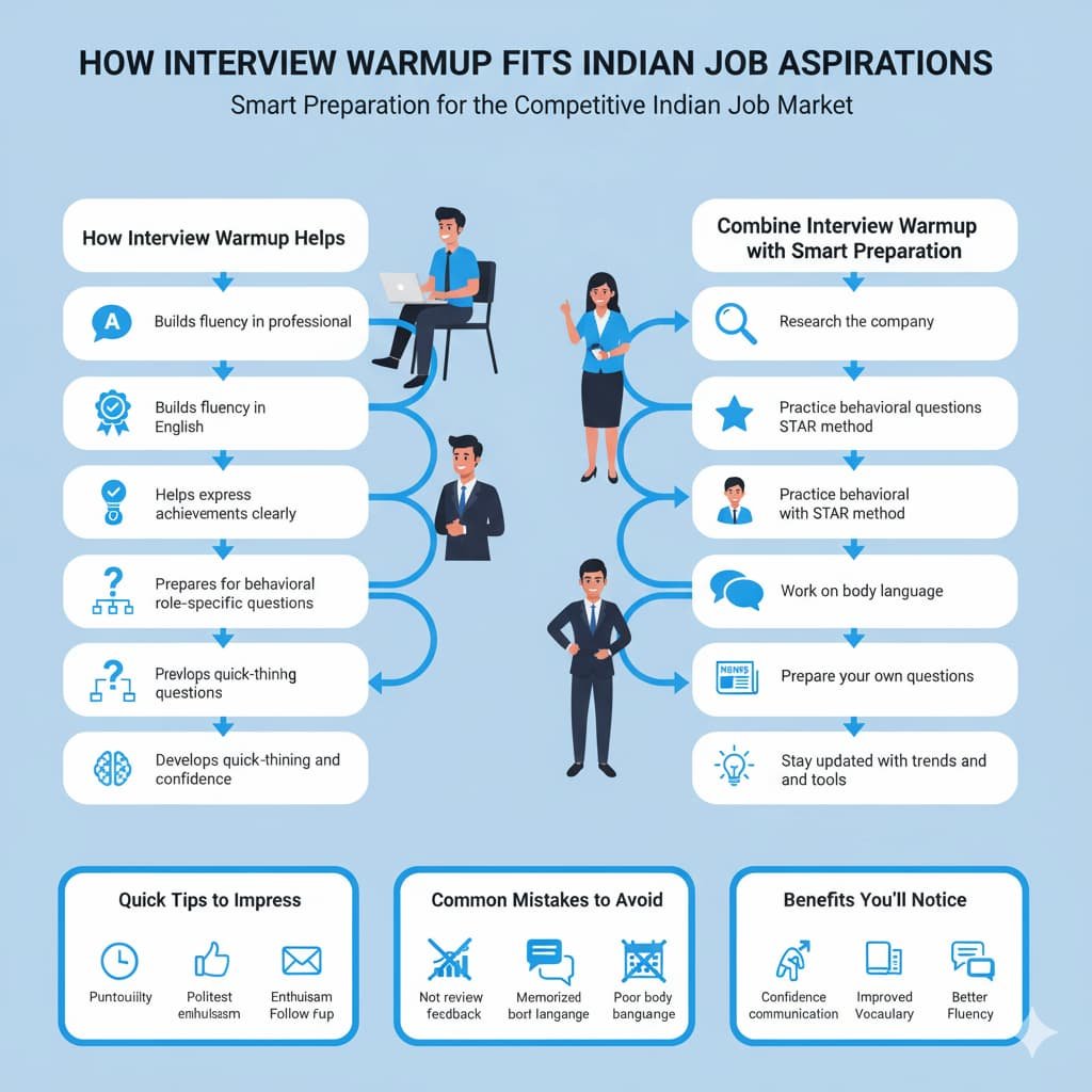 Infographic showing how Interview Warmup by Google supports Indian job seekers, with visuals for key benefits, smart preparation tips, quick interview habits, and confidence-building outcomes.