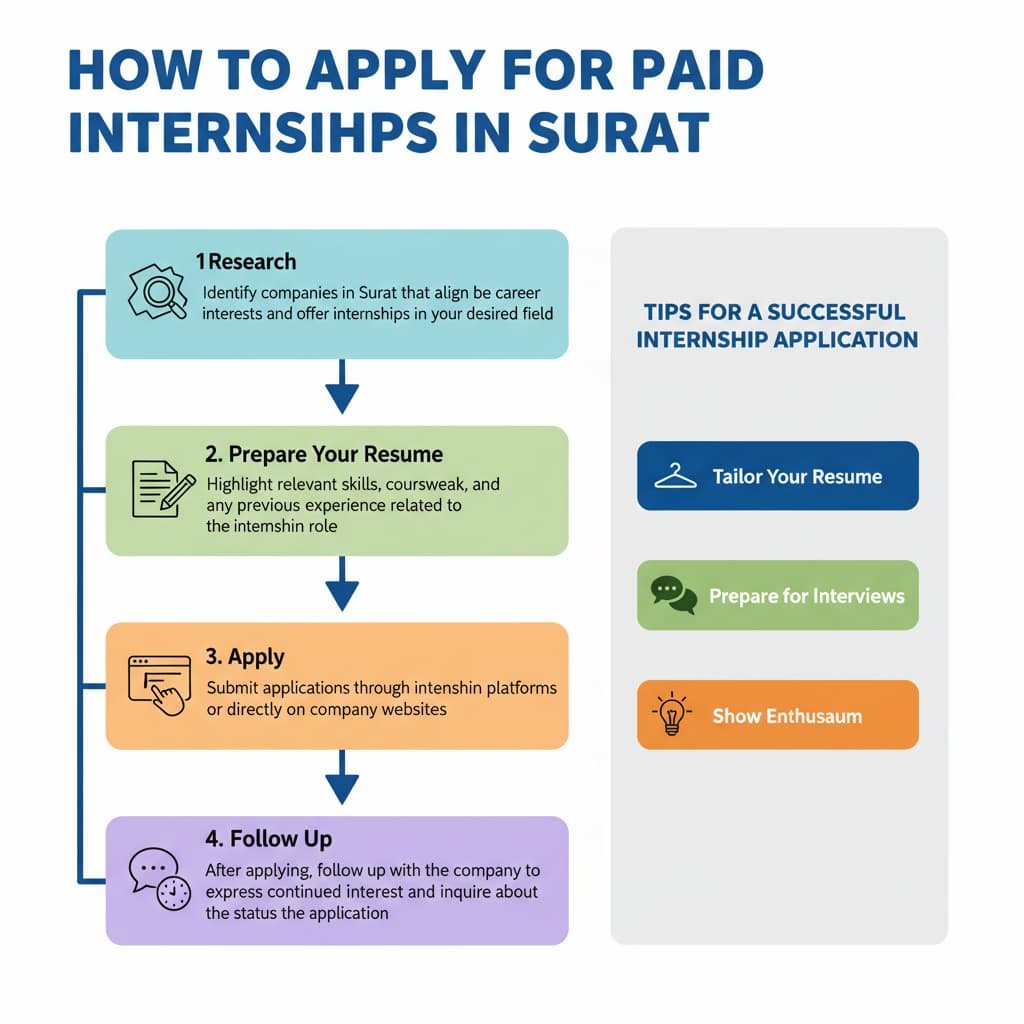Flowchart illustrating the process of applying for paid internships in Surat, including steps like research, resume preparation, application submission, and follow-up, along with tips for a successful application.
