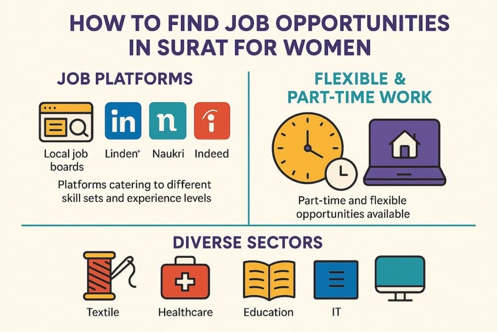 Infographic illustrating how women can find job opportunities in Surat, including local job platforms, flexible and part-time work options, and various hiring sectors