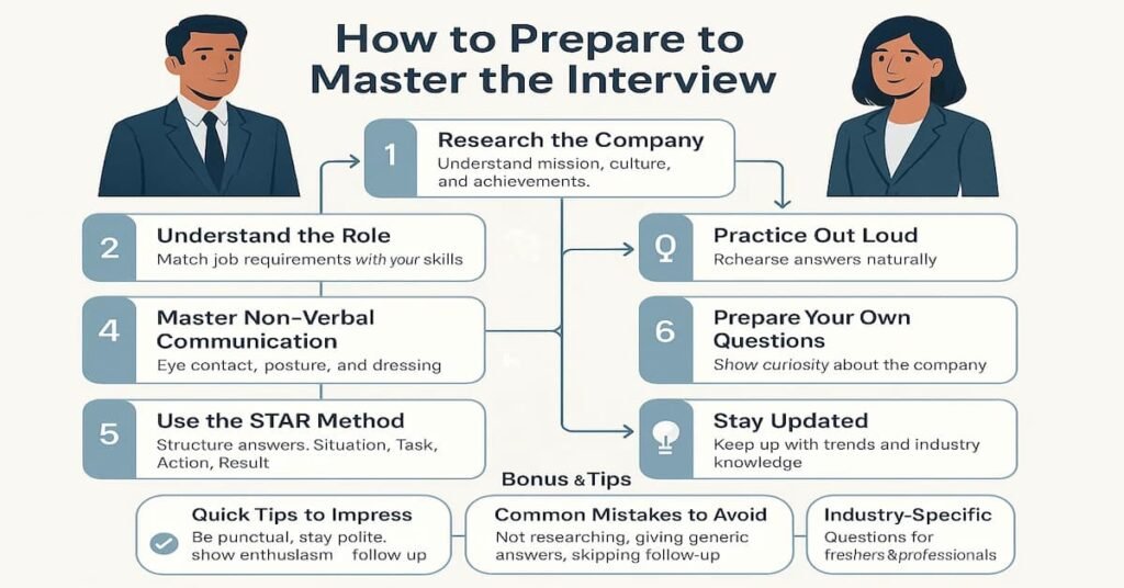Step-by-step flowchart showing how to prepare to master the interview, including research, practicing answers, mastering non-verbal communication, using the STAR method, preparing questions, and avoiding common interview mistakes.