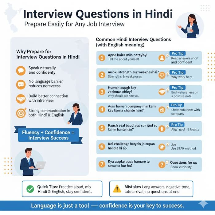 Infographic showing common interview questions in Hindi with English meanings, key preparation benefits, quick tips, and mistakes to avoid for Indian job seekers.