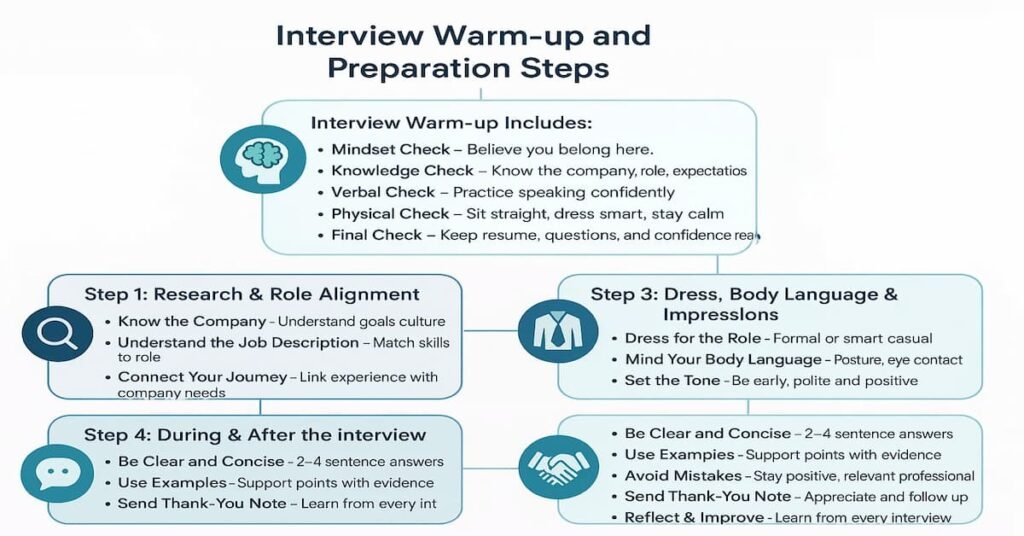 Flowchart infographic showing five key interview preparation steps — from warm-up checks and company research to practice, body language, and follow-up after the interview