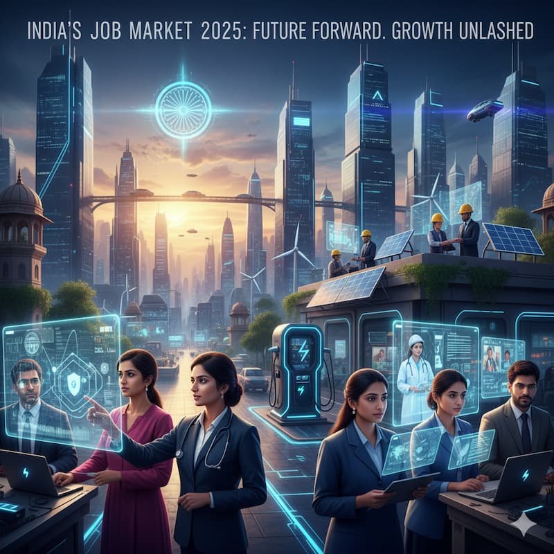 Dynamic shifts in India’s job market for 2025, showcasing professionals from various industries like technology, healthcare, and renewable energy, symbolizing career opportunities and growth.