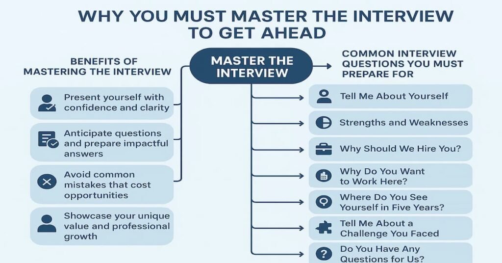 Flowchart showing the importance of mastering interviews for Indian job seekers, including key benefits like confidence and preparation, and common questions such as “Tell me about yourself,” “Strengths and weaknesses,” and “Why should we hire you.”
