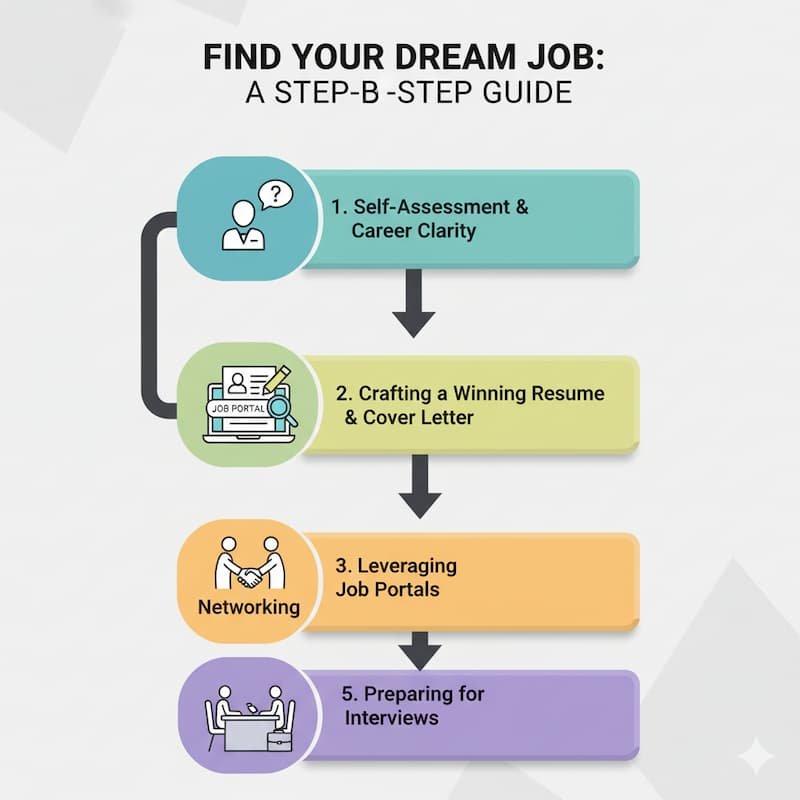A flowchart illustrating the steps to finding your dream job, including self-assessment, crafting a resume, leveraging job portals, networking, and preparing for interviews.