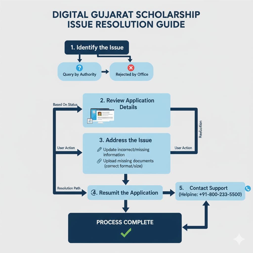 Flowchart illustrating steps to resolve issues in a Digital Gujarat Scholarship application, including reviewing details, addressing discrepancies, resubmitting the application, and contacting support if needed