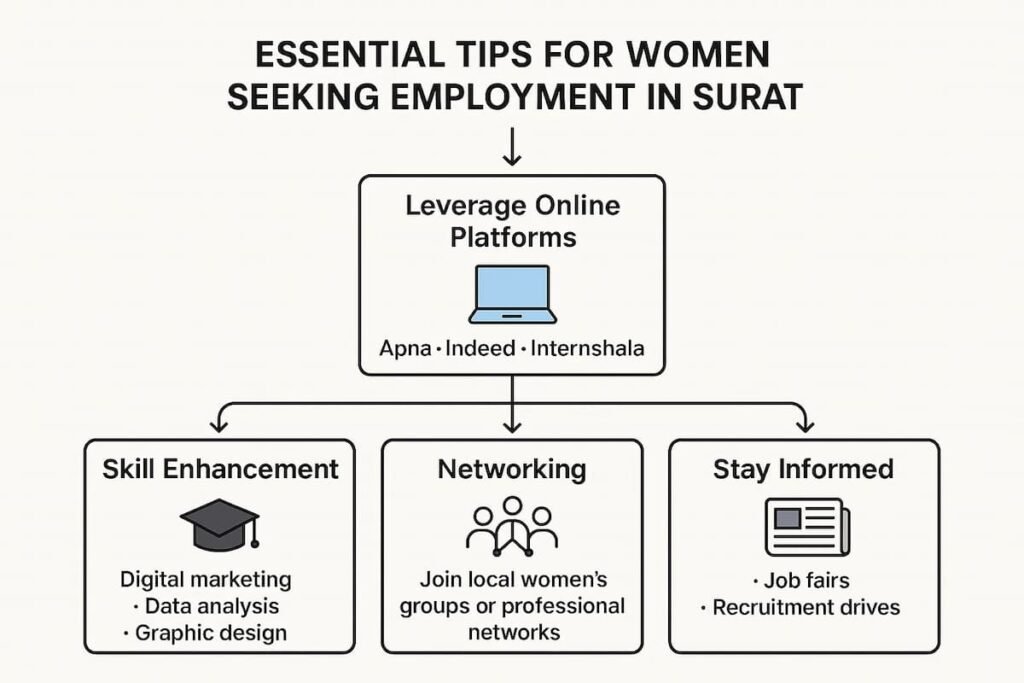 Flowchart providing tips for women seeking employment in Surat, including leveraging online platforms like Apna and Indeed, enhancing skills through online courses, networking through local women’s groups, and staying informed about job fairs and recruitment drives targeting women.