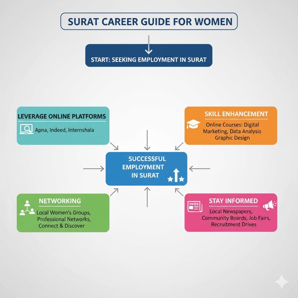 Flowchart offering tips for women seeking employment in Surat, including leveraging online platforms, enhancing skills through courses, networking through local women’s groups, and staying informed about job fairs and recruitment drives