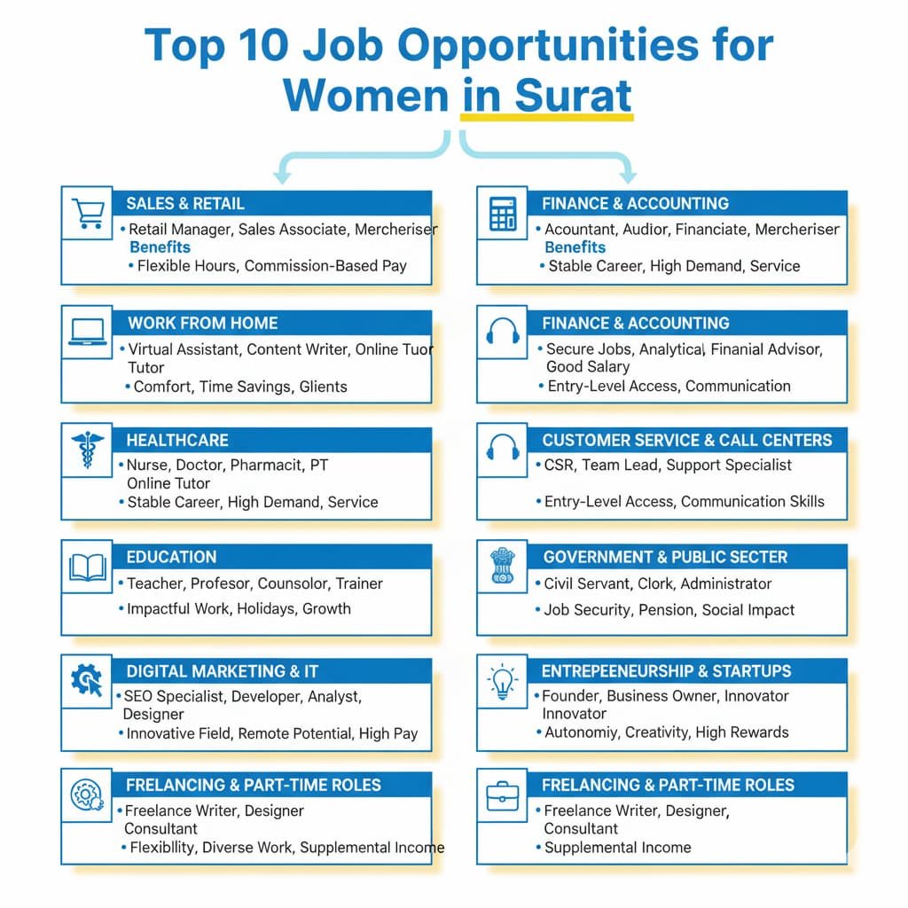 Top 10 Job Opportunities for Women in Surat Flowchart, highlighting various career sectors such as sales, healthcare, freelancing, and digital marketing